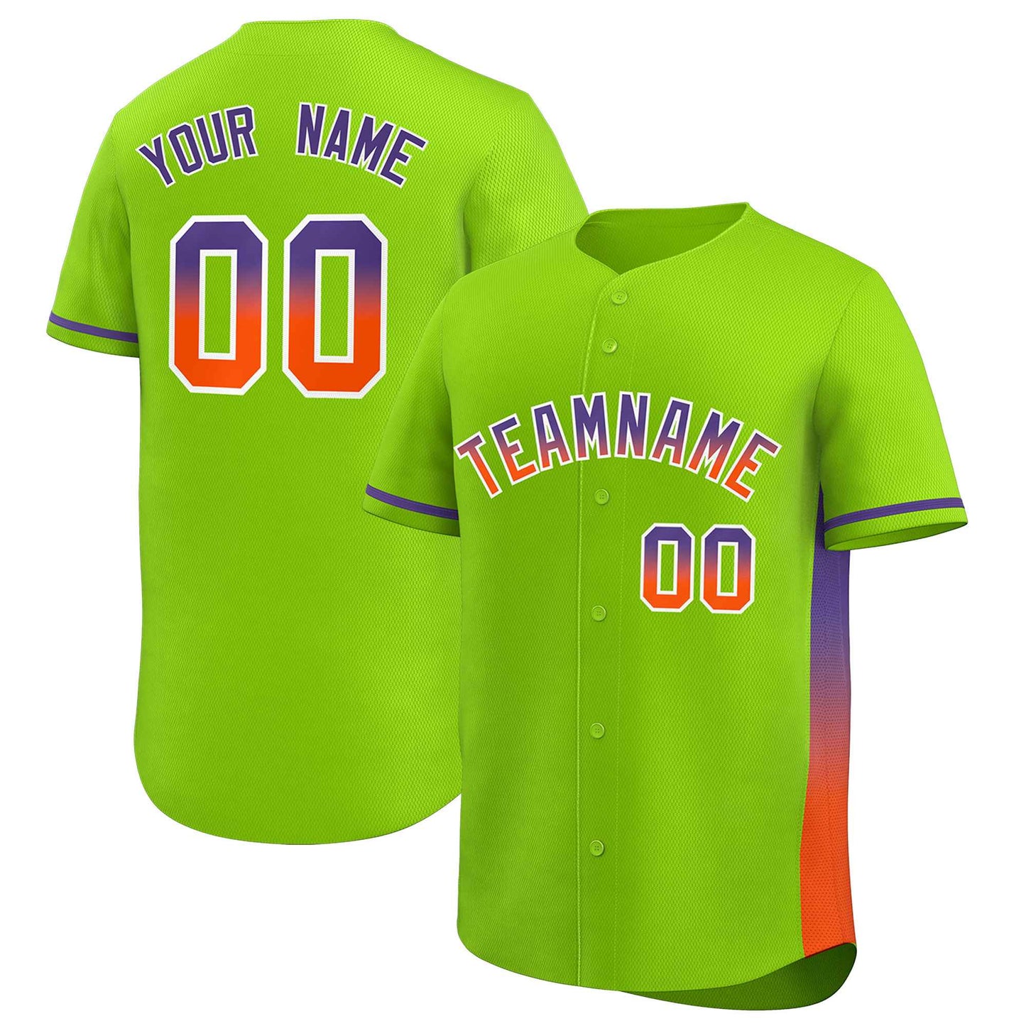 Custom Neon Green Purple-Orange Personalized Gradient Font And Side Design Authentic Baseball Jersey