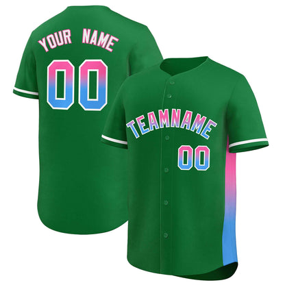 Custom Kelly Green Pink-Powder Blue Personalized Gradient Font And Side Design Authentic Baseball Jersey