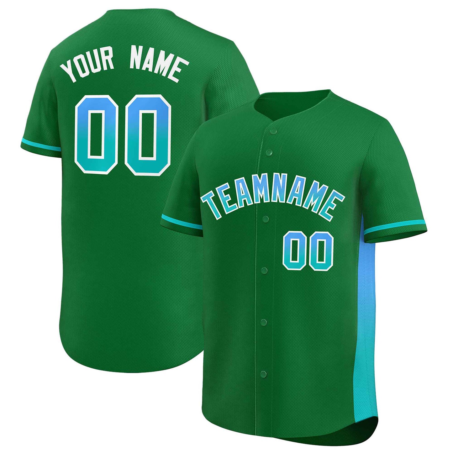 Custom Kelly Green Powder Blue-Aqua Personalized Gradient Font And Side Design Authentic Baseball Jersey