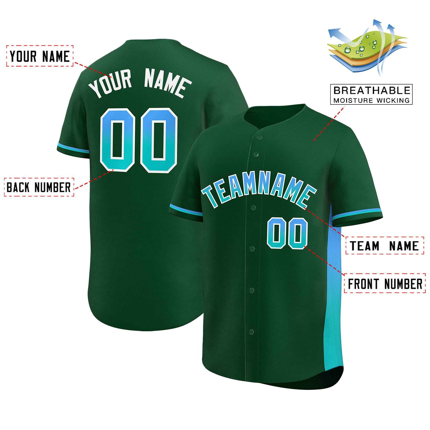 Custom Green Powder Blue-Aqua Personalized Gradient Font And Side Design Authentic Baseball Jersey