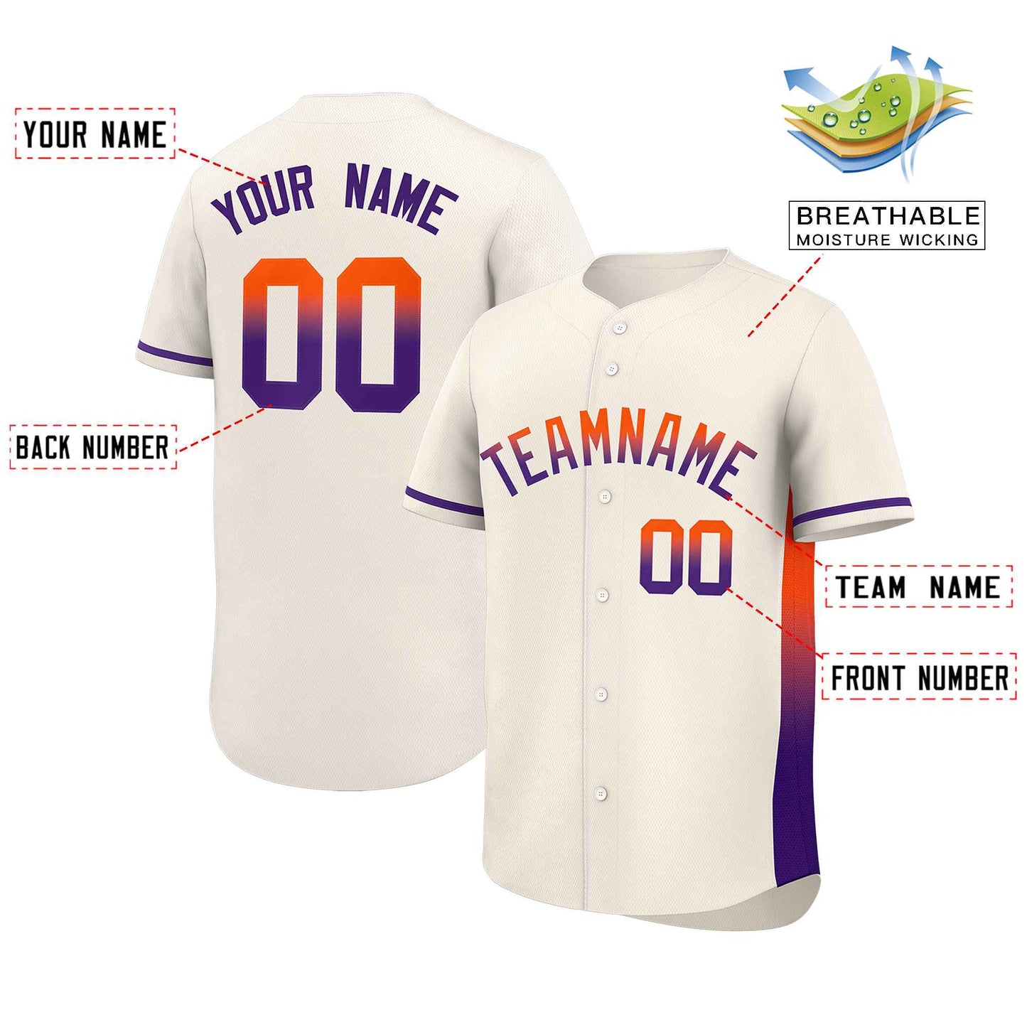 Custom Cream Orange-Purple Personalized Gradient Font And Side Design Authentic Baseball Jersey