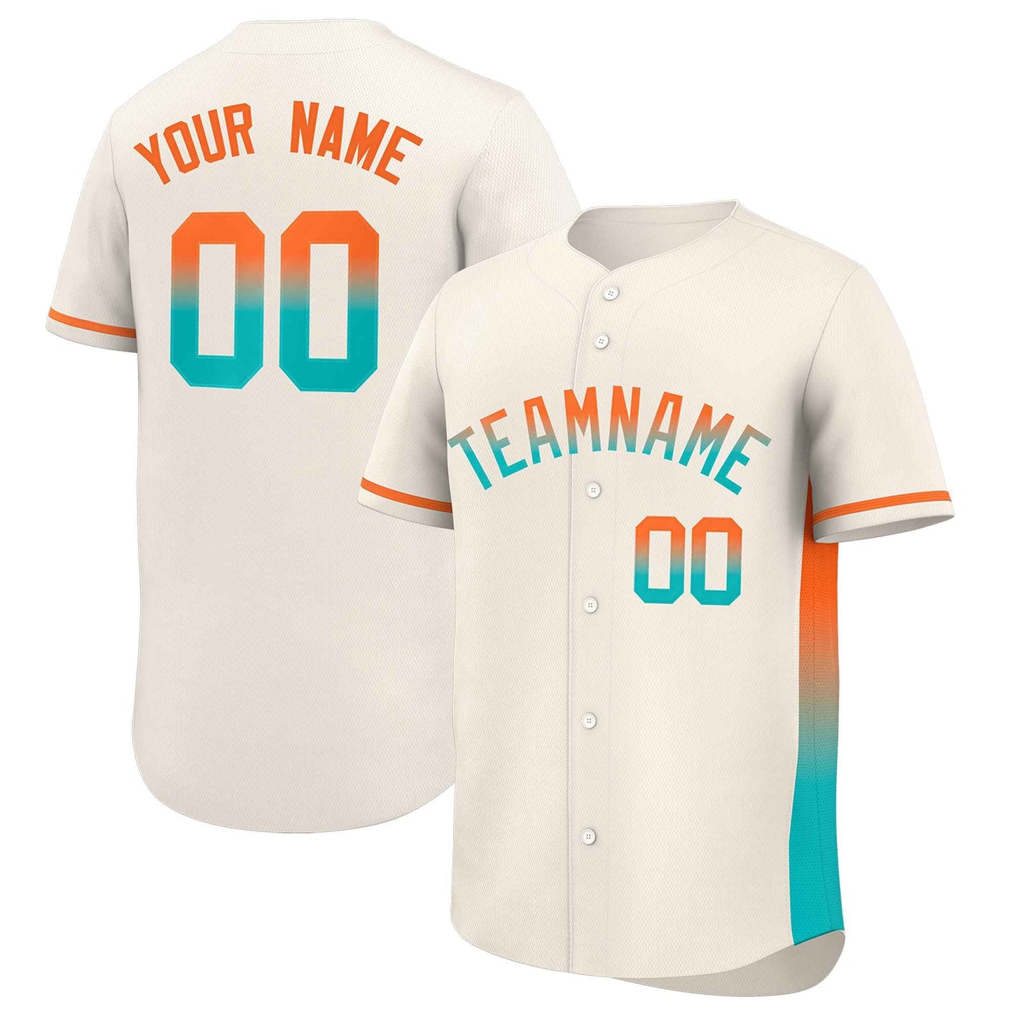 Custom Cream Orange-Aqua Personalized Gradient Font And Side Design Authentic Baseball Jersey