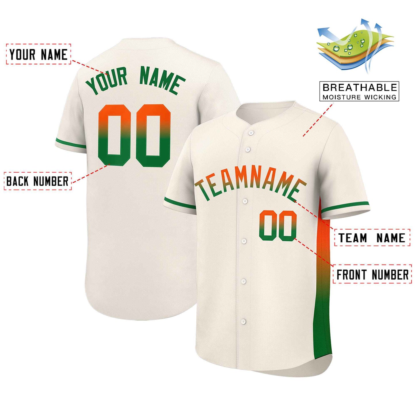 Custom Cream Orange-Kelly Green Personalized Gradient Font And Side Design Authentic Baseball Jersey