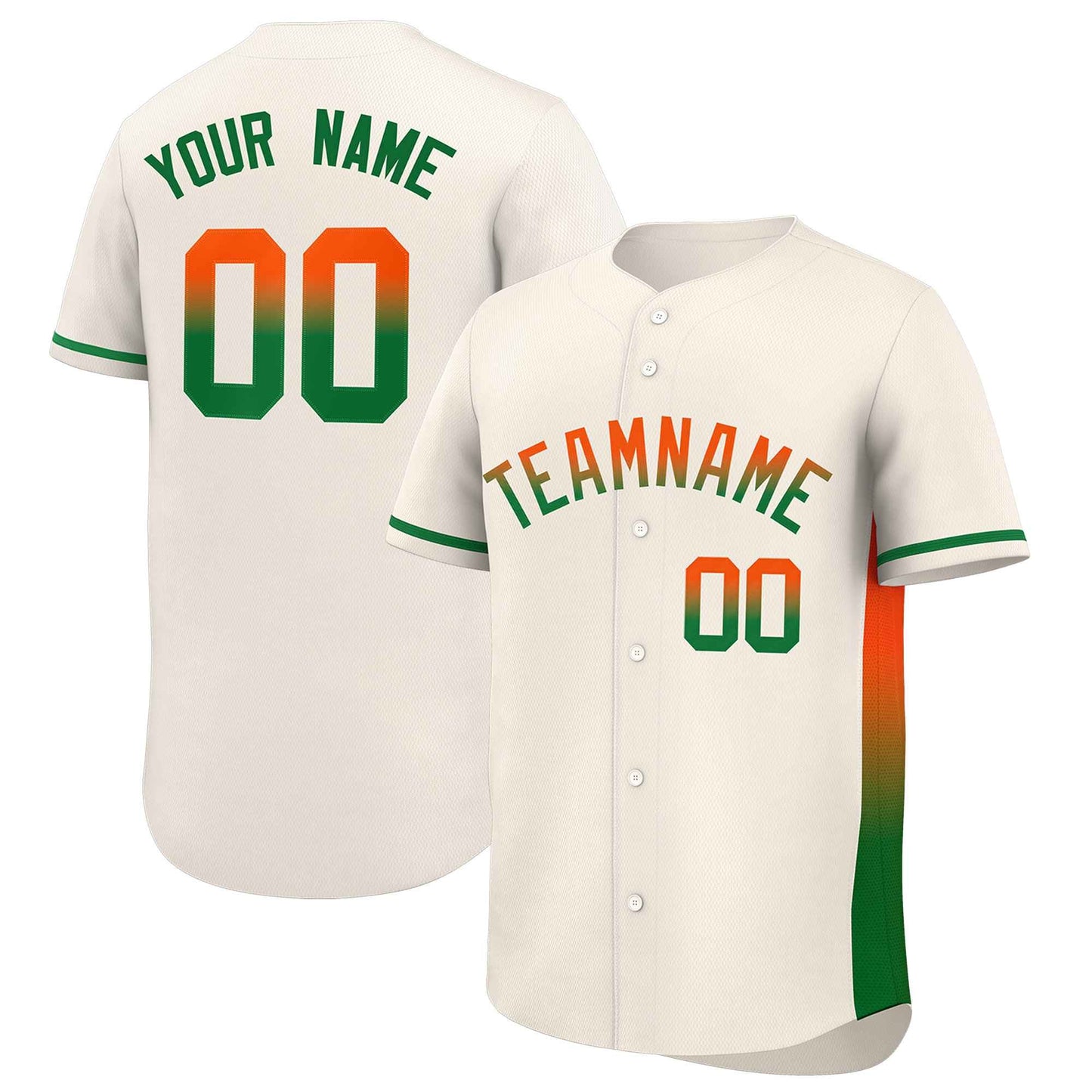 Custom Cream Orange-Kelly Green Personalized Gradient Font And Side Design Authentic Baseball Jersey