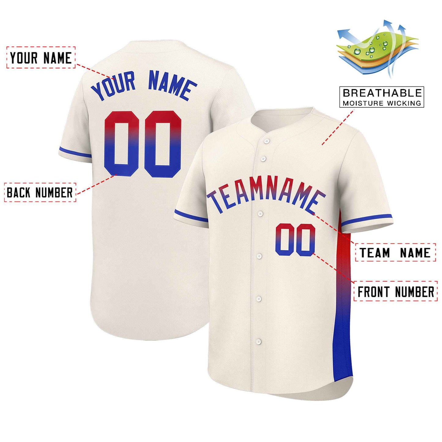 Custom Cream Red-Royal Personalized Gradient Font And Side Design Authentic Baseball Jersey