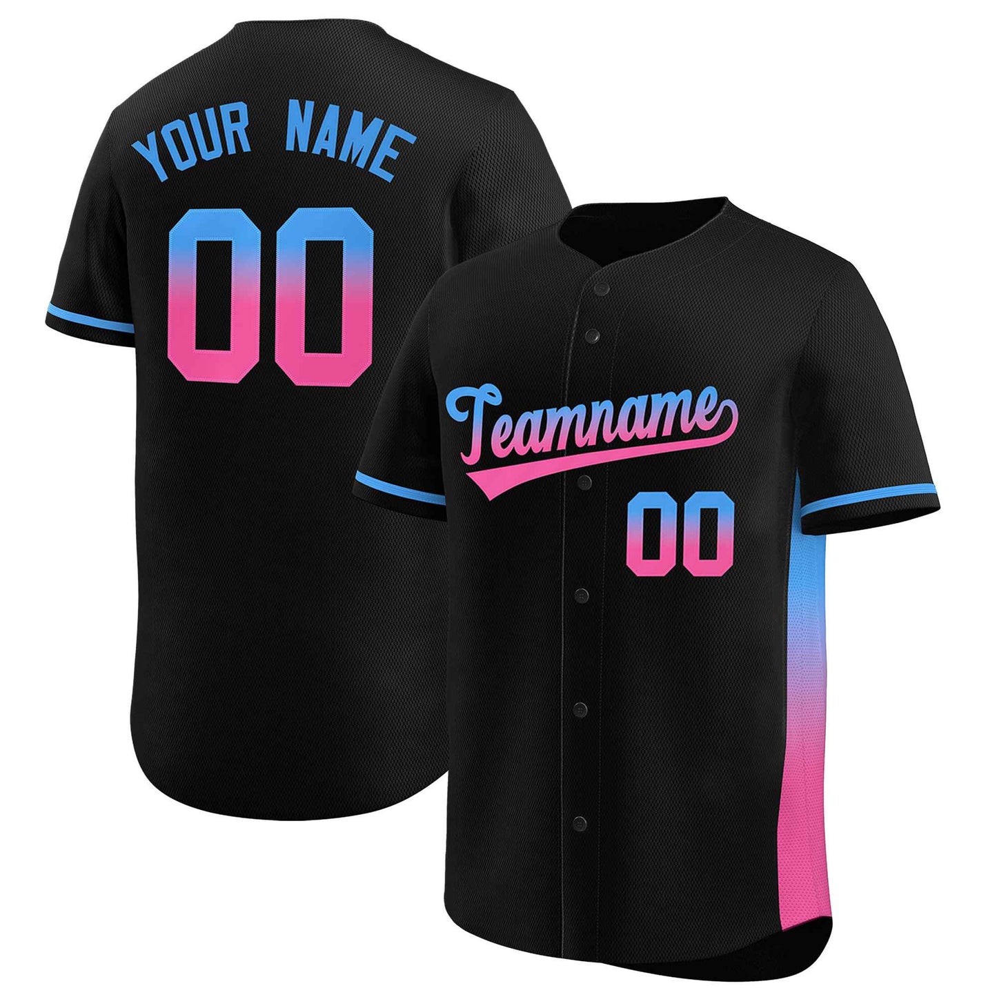 Custom Black Powder Blue-Pink Personalized Gradient Font And Side Design Authentic Baseball Jersey