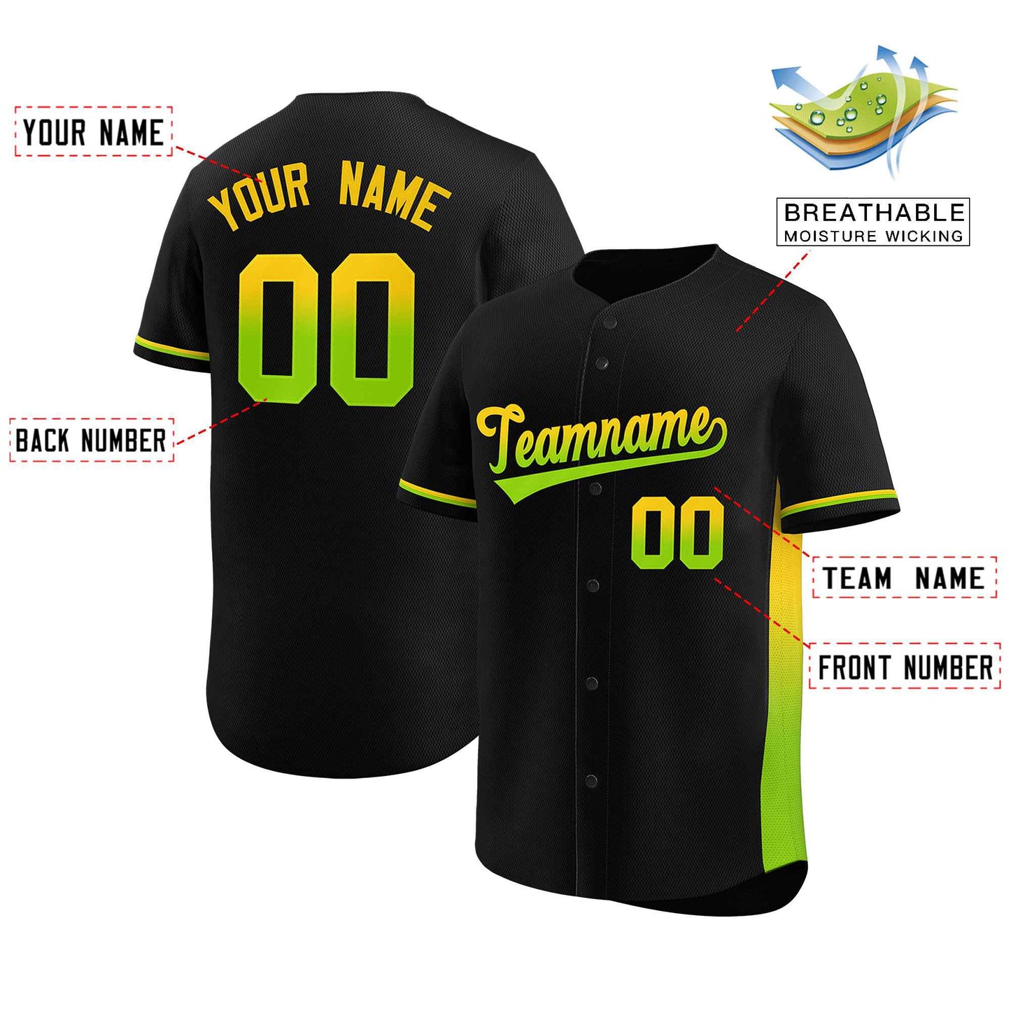 Custom Black Gold-Neon Green Personalized Gradient Font And Side Design Authentic Baseball Jersey