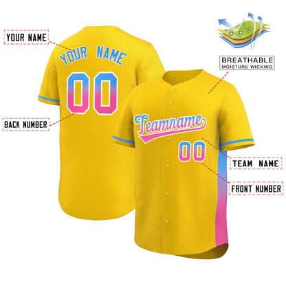 Custom Gold Powder Blue-Pink Personalized Gradient Font And Side Design Authentic Baseball Jersey