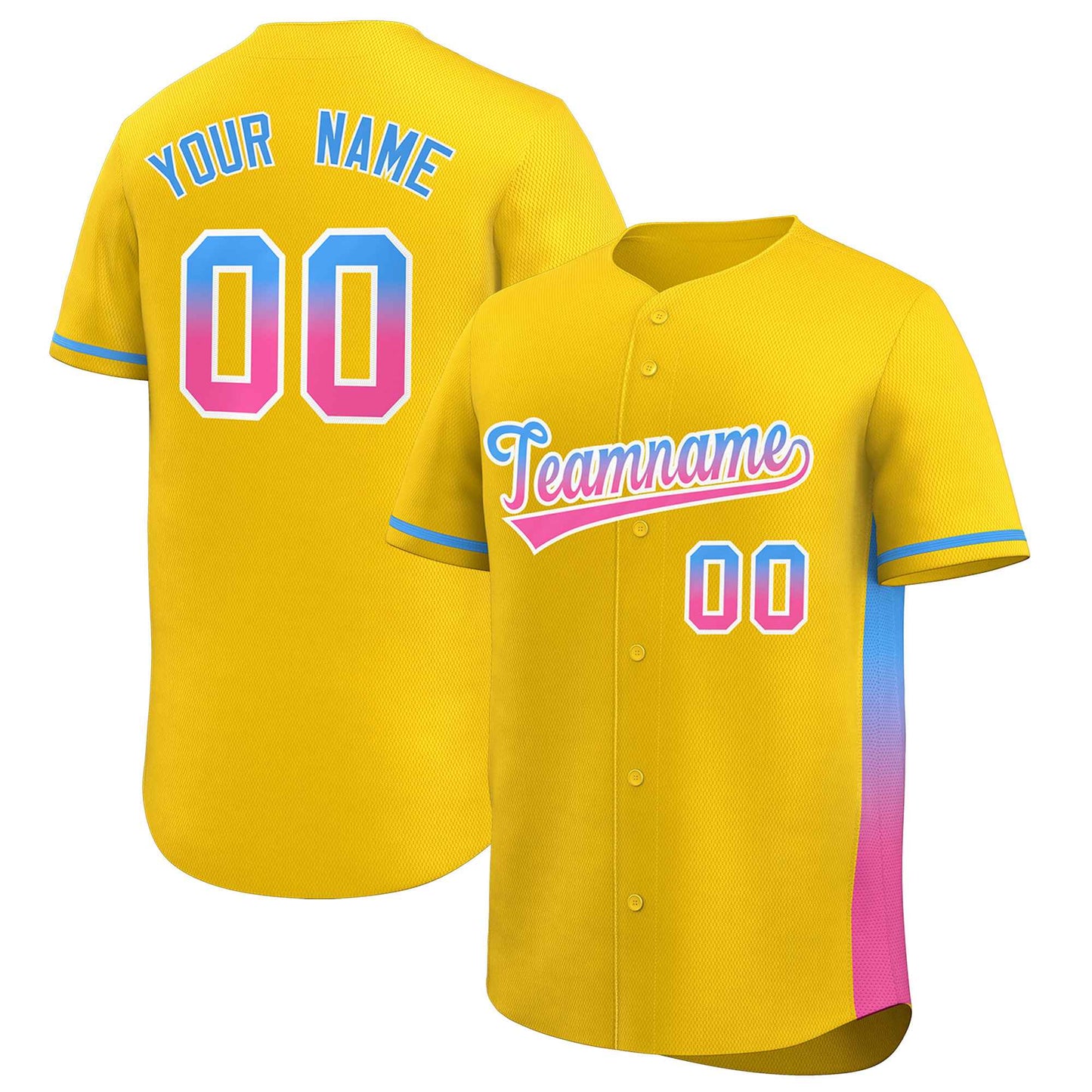 Custom Gold Powder Blue-Pink Personalized Gradient Font And Side Design Authentic Baseball Jersey