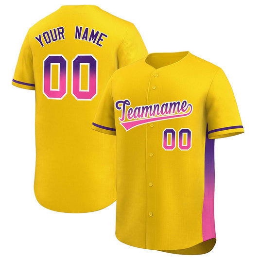 Custom Gold Purple-Pink Personalized Gradient Font And Side Design Authentic Baseball Jersey