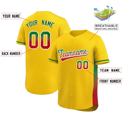 Custom Gold Kelly Green-Red Personalized Gradient Font And Side Design Authentic Baseball Jersey