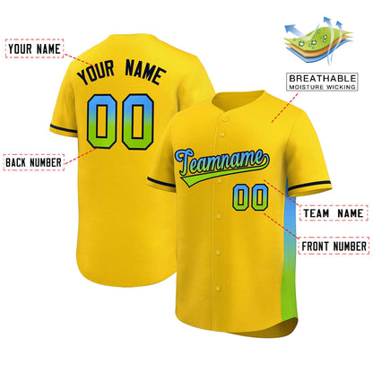 Custom Gold Powder Blue-Neon Green Personalized Gradient Font And Side Design Authentic Baseball Jersey