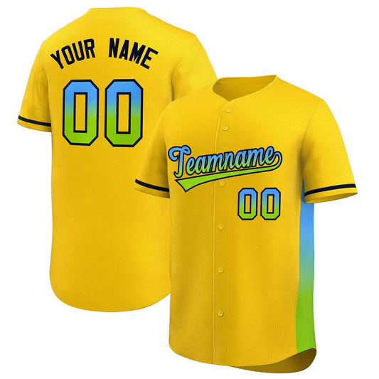 Custom Gold Powder Blue-Neon Green Personalized Gradient Font And Side Design Authentic Baseball Jersey