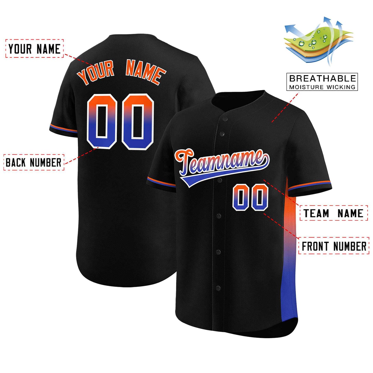 Custom Black Orange-Royal Personalized Gradient Font And Side Design Authentic Baseball Jersey