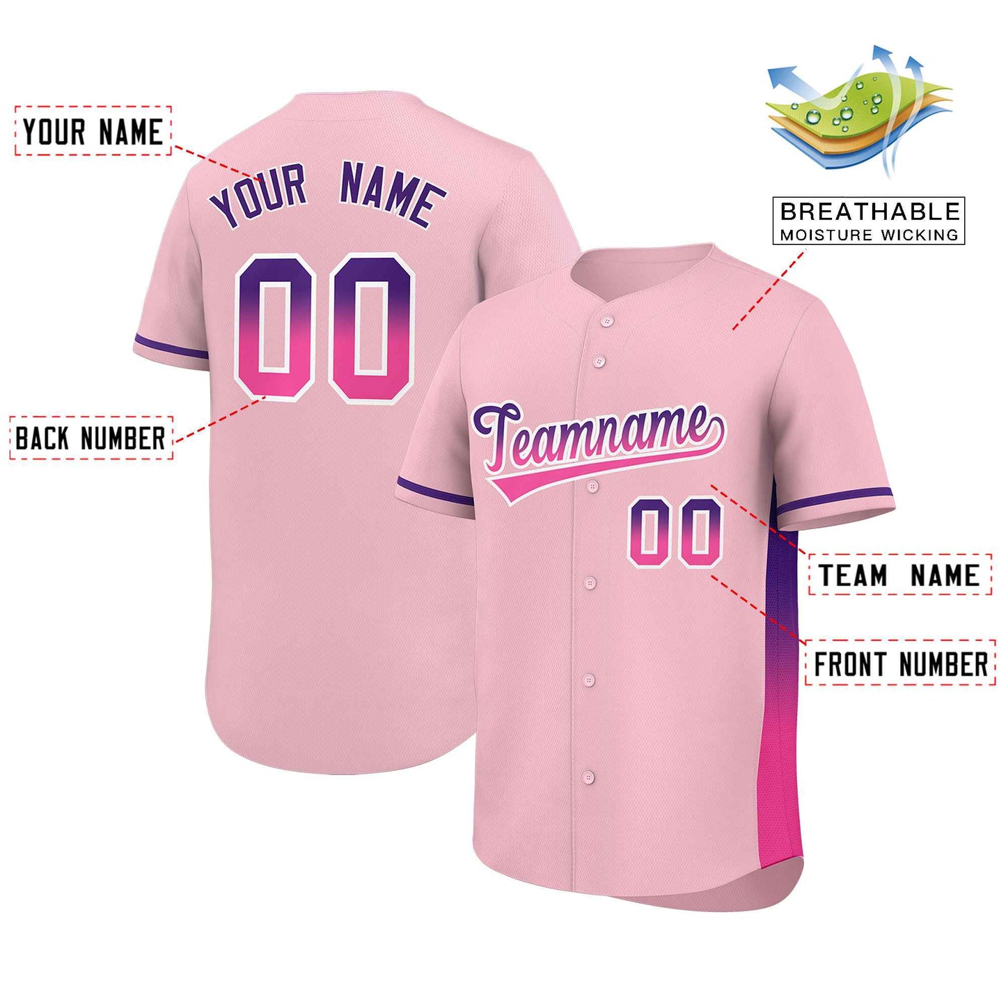 Custom Light Pink Purple-Pink Personalized Gradient Font And Side Design Authentic Baseball Jersey