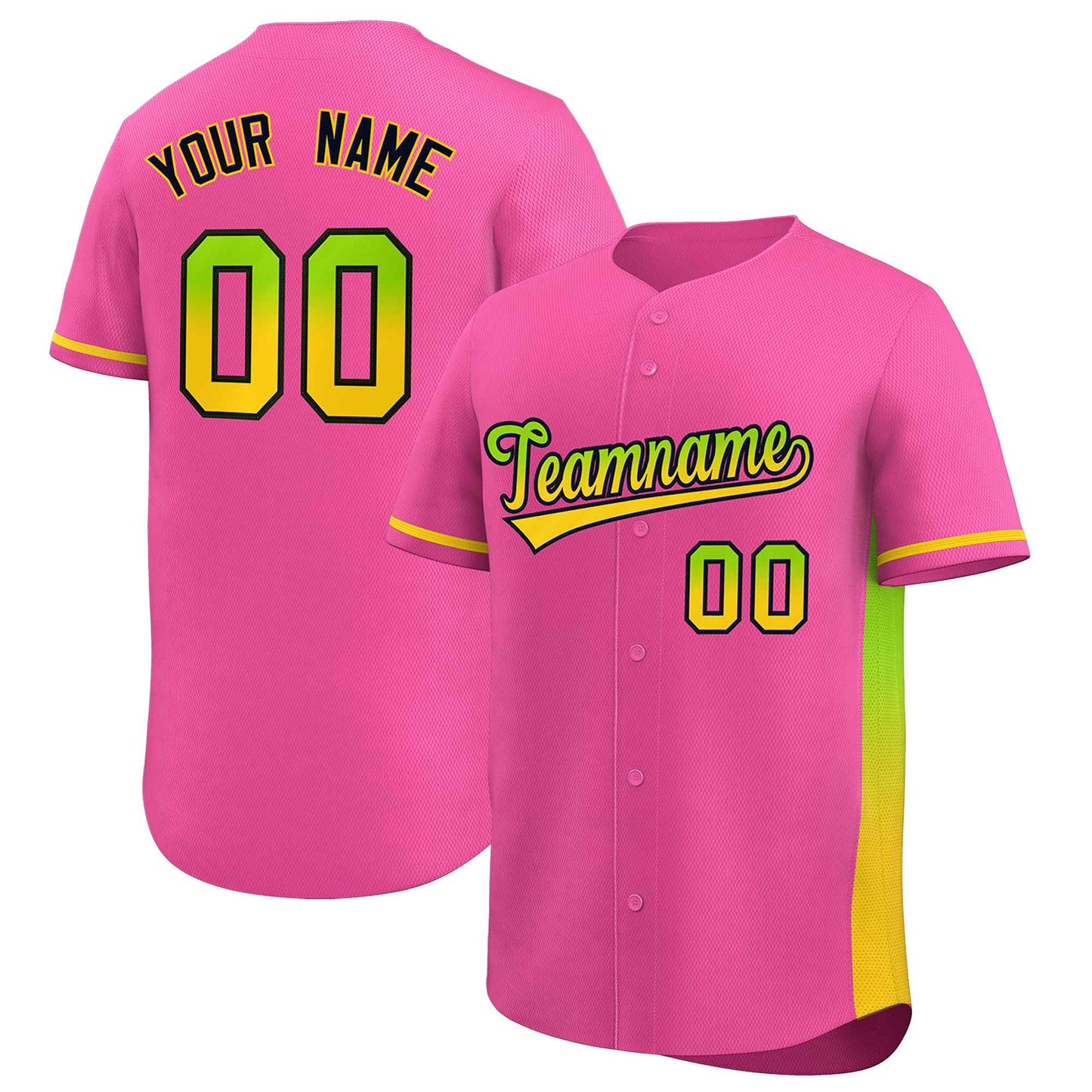 Custom Pink Neon Green-Gold Personalized Gradient Font And Side Design Authentic Baseball Jersey