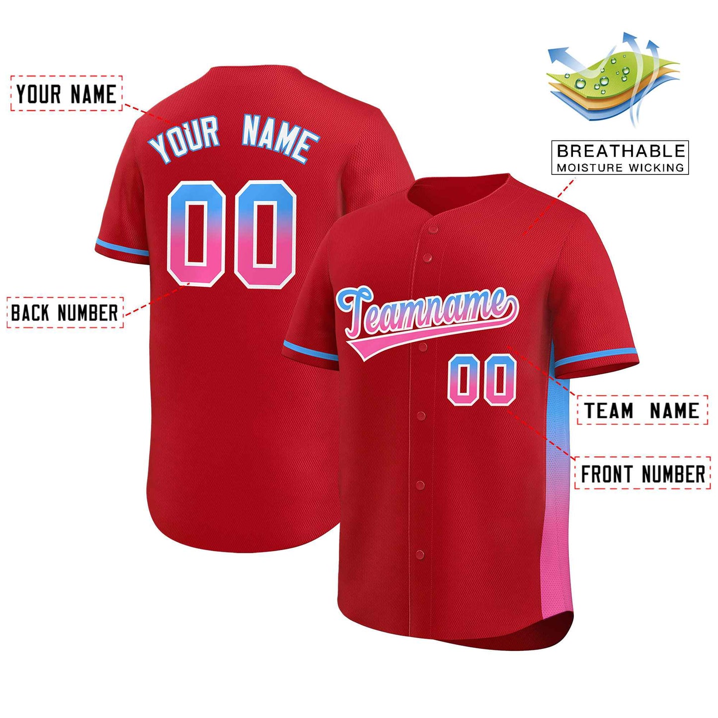 Custom Red Powder Blue-Pink Personalized Gradient Font And Side Design Authentic Baseball Jersey