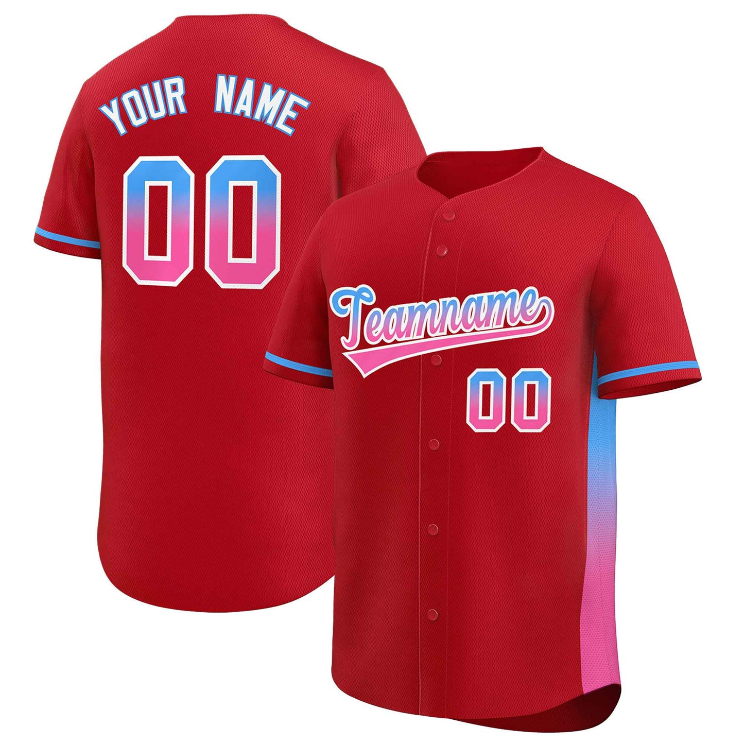 Custom Red Powder Blue-Pink Personalized Gradient Font And Side Design Authentic Baseball Jersey