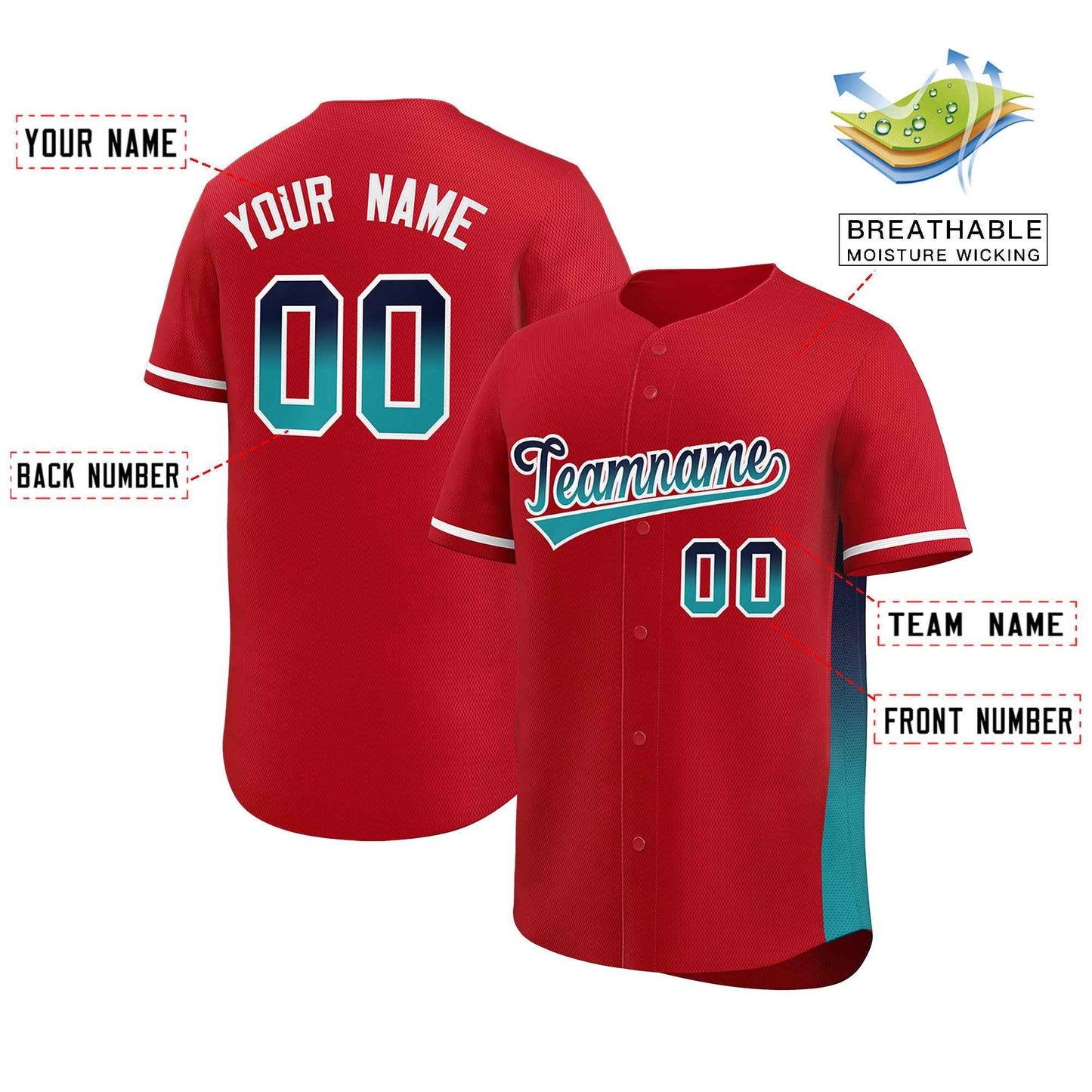 Custom Red Navy-Aqua Personalized Gradient Font And Side Design Authentic Baseball Jersey