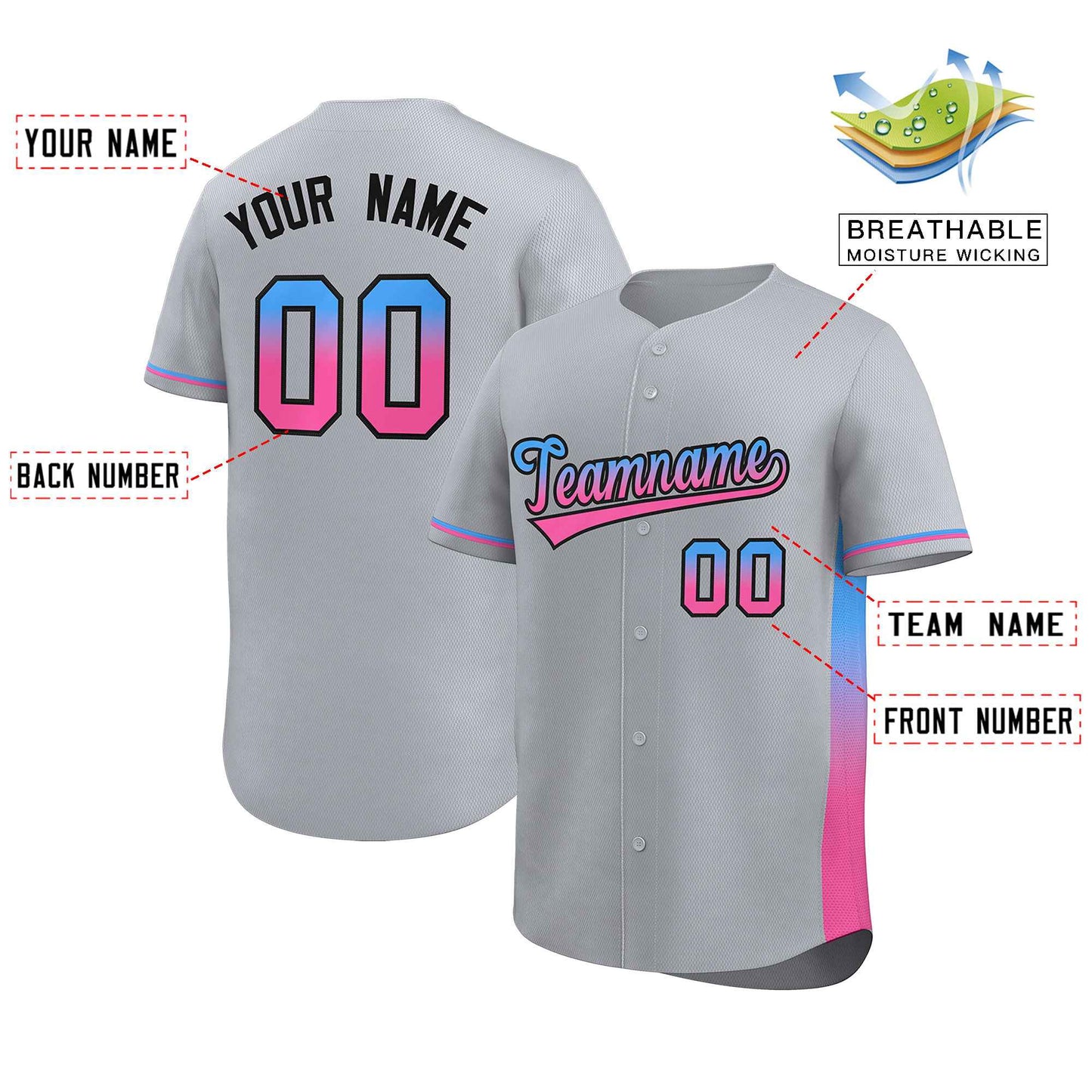 Custom Light Gray Powder Blue-Pink Personalized Gradient Font And Side Design Authentic Baseball Jersey