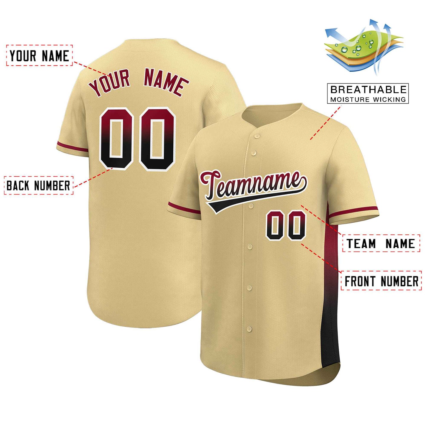 Custom Khaki Crimson-Black Personalized Gradient Font And Side Design Authentic Baseball Jersey