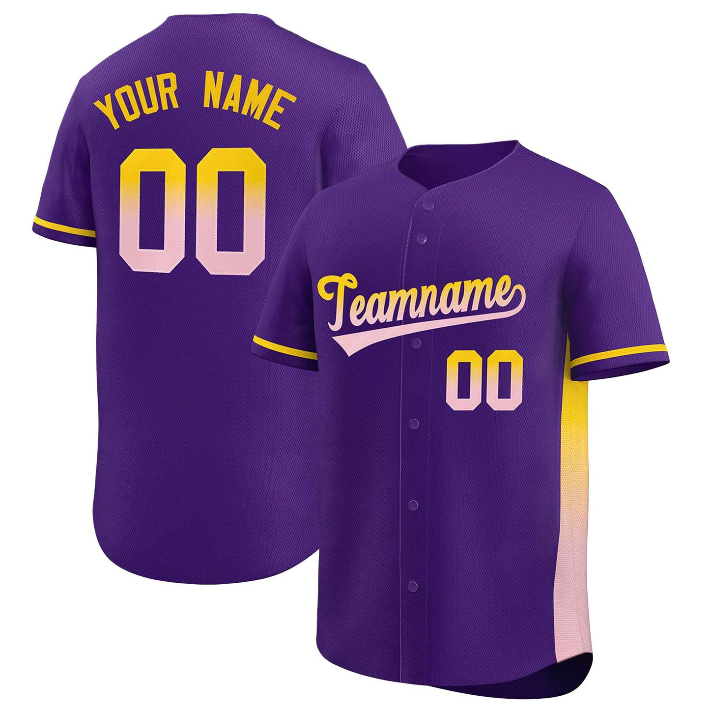 Custom Purple Gold-Lt Pink Personalized Gradient Font And Side Design Authentic Baseball Jersey