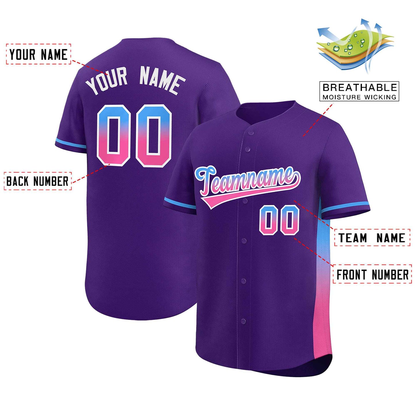 Custom Purple Powder Blue-Pink Personalized Gradient Font And Side Design Authentic Baseball Jersey