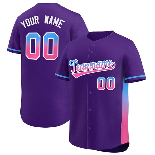 Custom Purple Powder Blue-Pink Personalized Gradient Font And Side Design Authentic Baseball Jersey