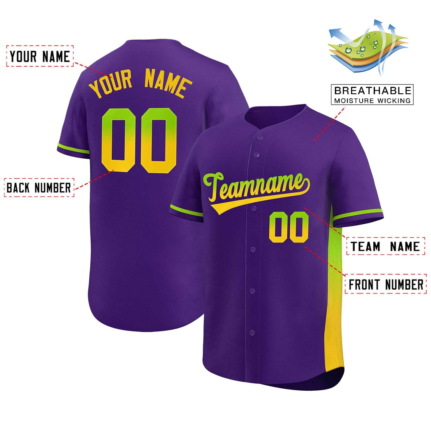 Custom Purple Neon Green-Gold Personalized Gradient Font And Side Design Authentic Baseball Jersey