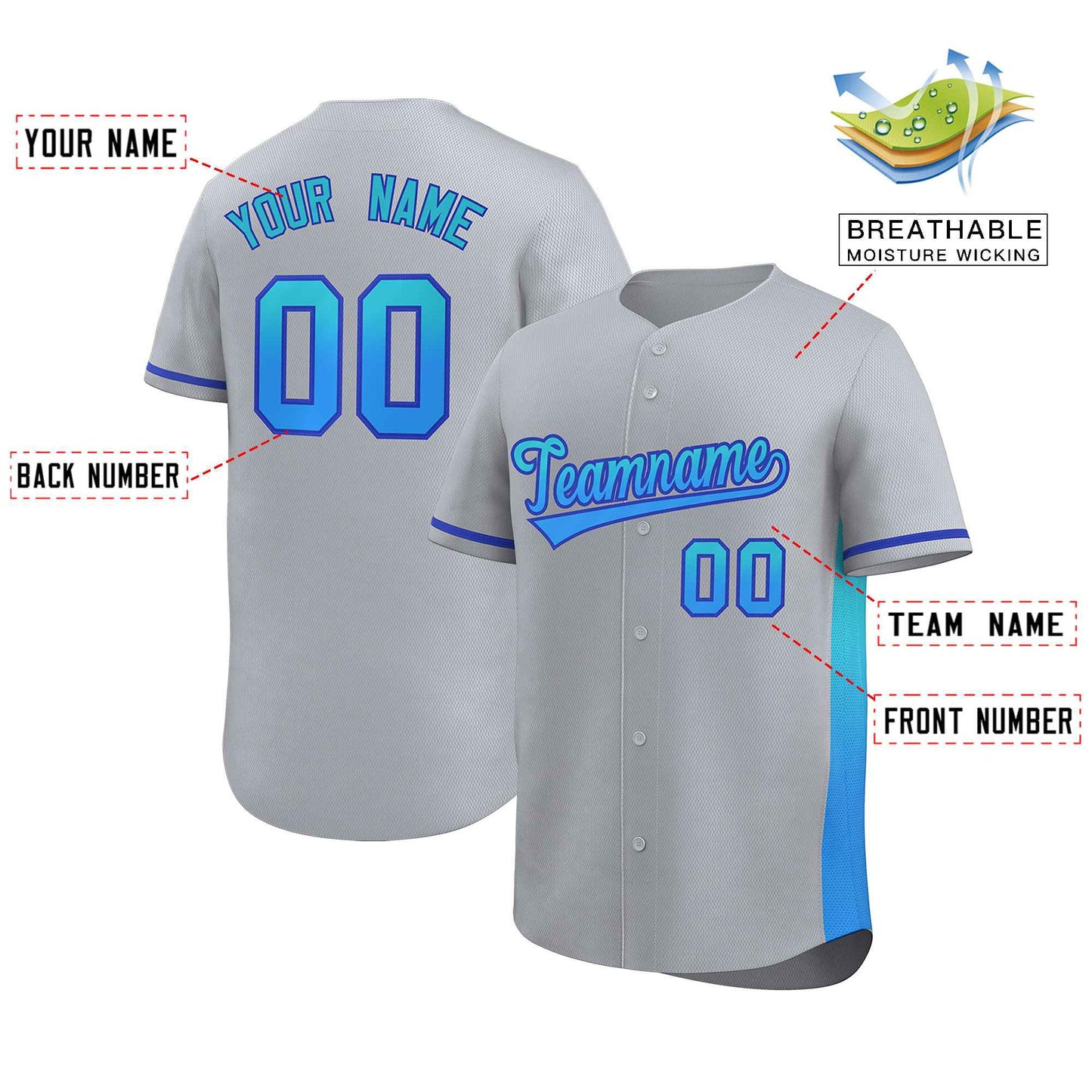 Custom Light Gray Sky Blue-Powder Blue Personalized Gradient Font And Side Design Authentic Baseball Jersey