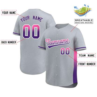 Custom Light Gray Pink-Purple Personalized Gradient Font And Side Design Authentic Baseball Jersey