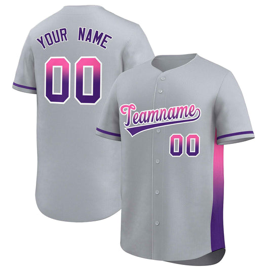 Custom Light Gray Pink-Purple Personalized Gradient Font And Side Design Authentic Baseball Jersey