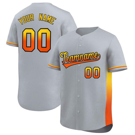 Custom Light Gray Gold-Orange Personalized Gradient Font And Side Design Authentic Baseball Jersey