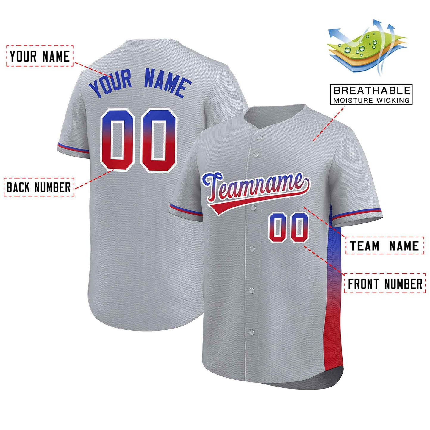 Custom Light Gray Royal-Red Personalized Gradient Font And Side Design Authentic Baseball Jersey