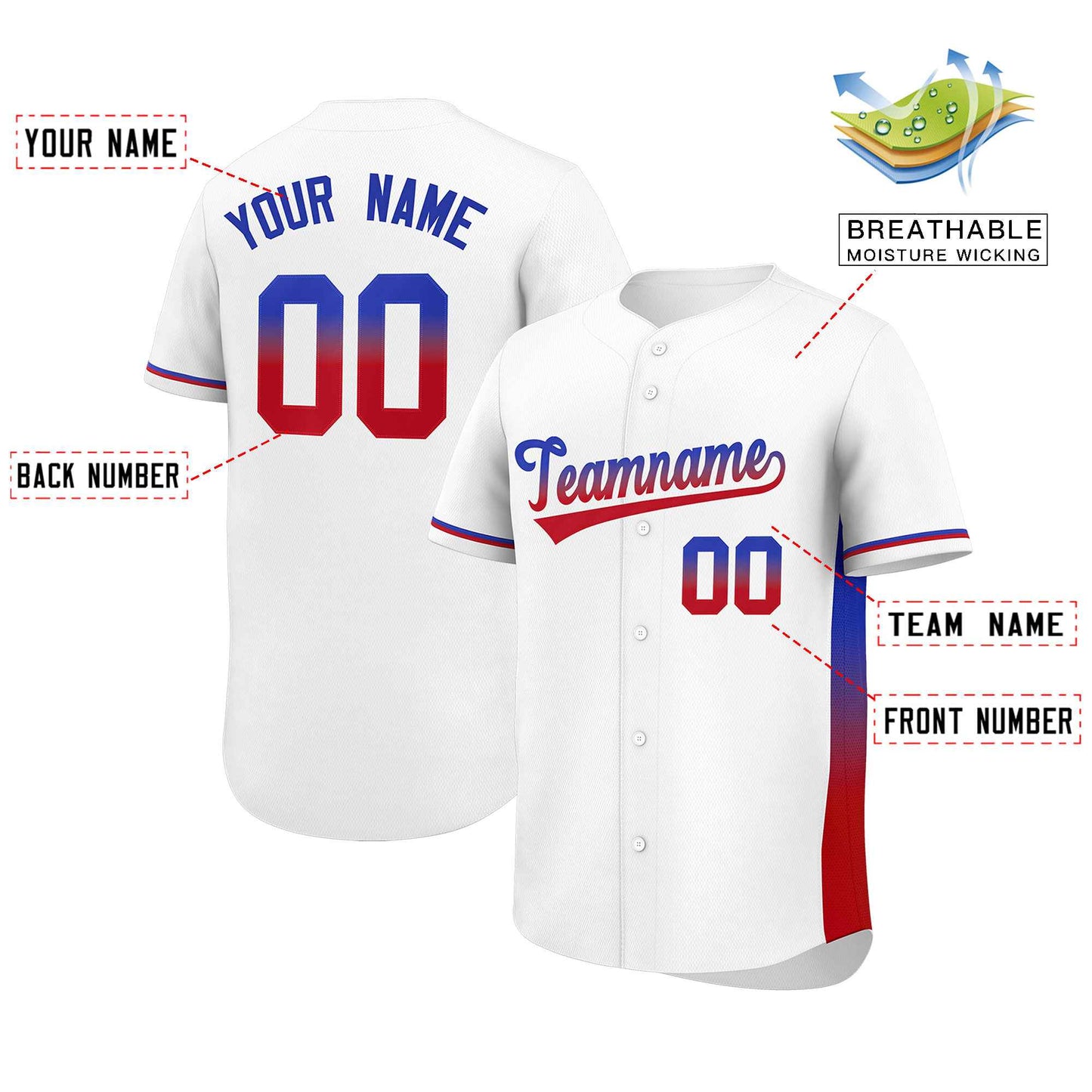 Custom White Royal-Red Personalized Gradient Font And Side Design Authentic Baseball Jersey