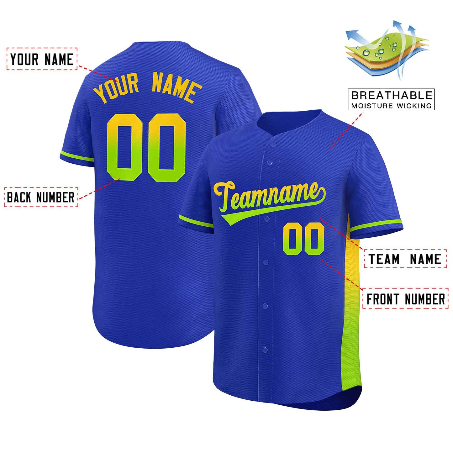 Custom Royal Gold-Neon Green Personalized Gradient Font And Side Design Authentic Baseball Jersey