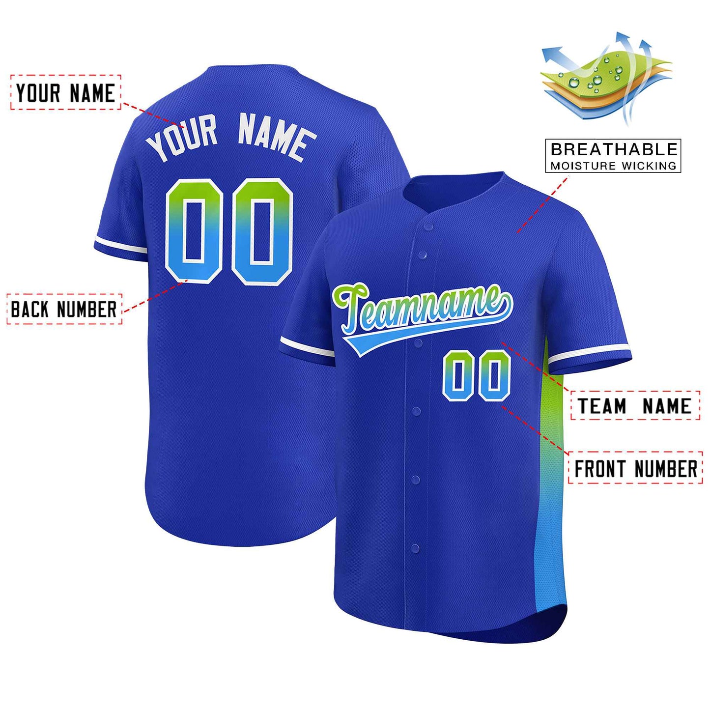 Custom Royal Neon Green-Powder Blue Personalized Gradient Font And Side Design Authentic Baseball Jersey