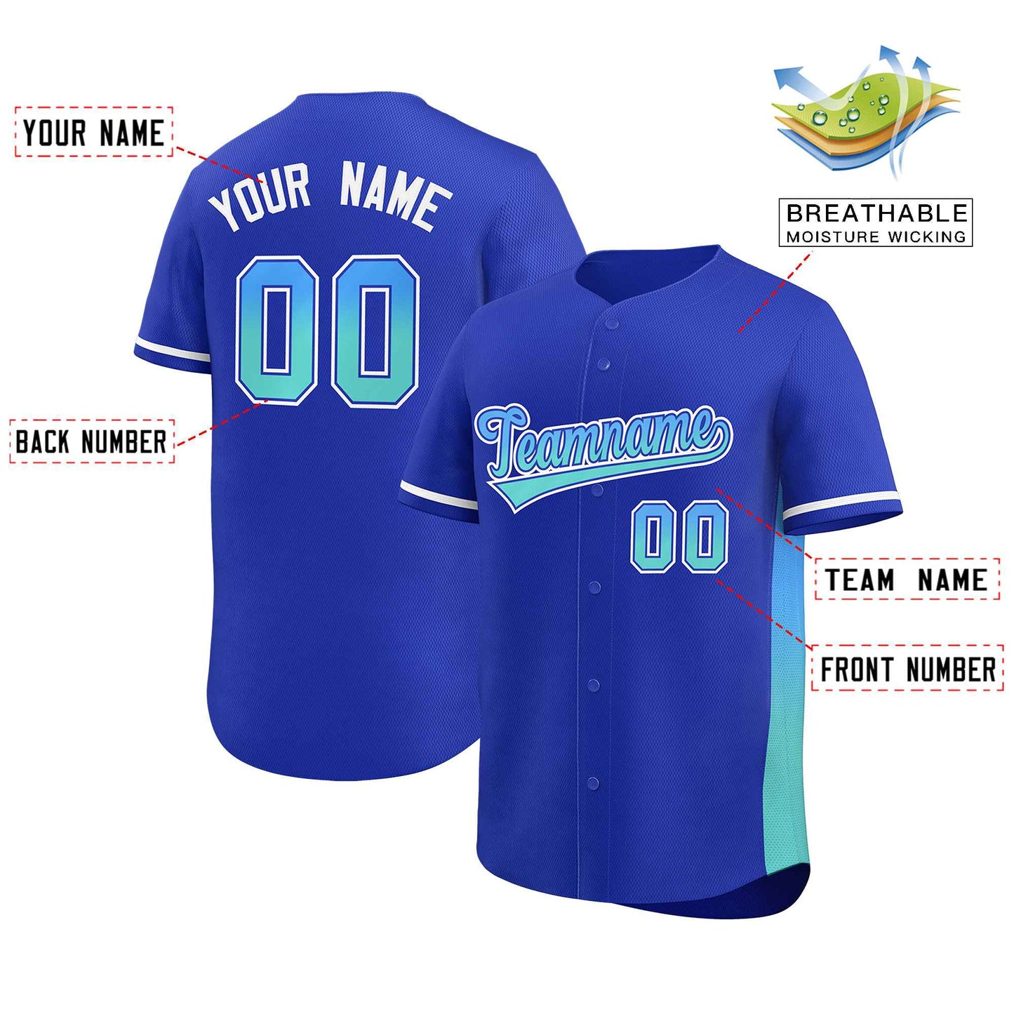 Custom Royal Powder Blue-Light Green Personalized Gradient Font And Side Design Authentic Baseball Jersey