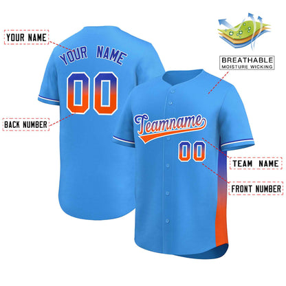 Custom Powder Blue Royal-Orange Personalized Gradient Font And Side Design Authentic Baseball Jersey