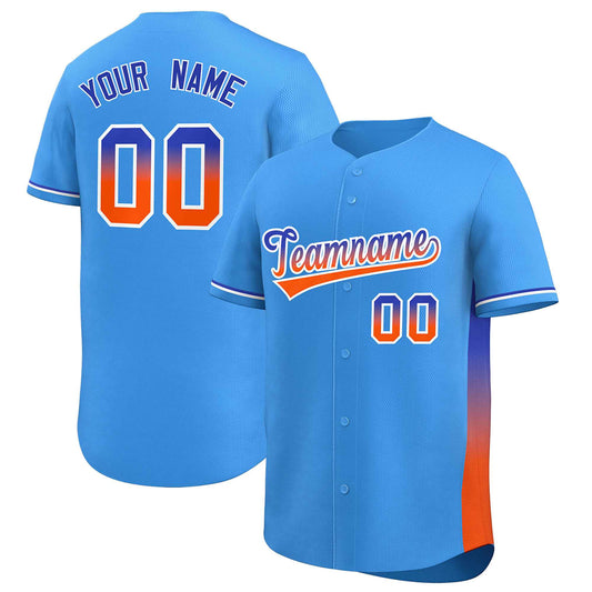 Custom Powder Blue Royal-Orange Personalized Gradient Font And Side Design Authentic Baseball Jersey