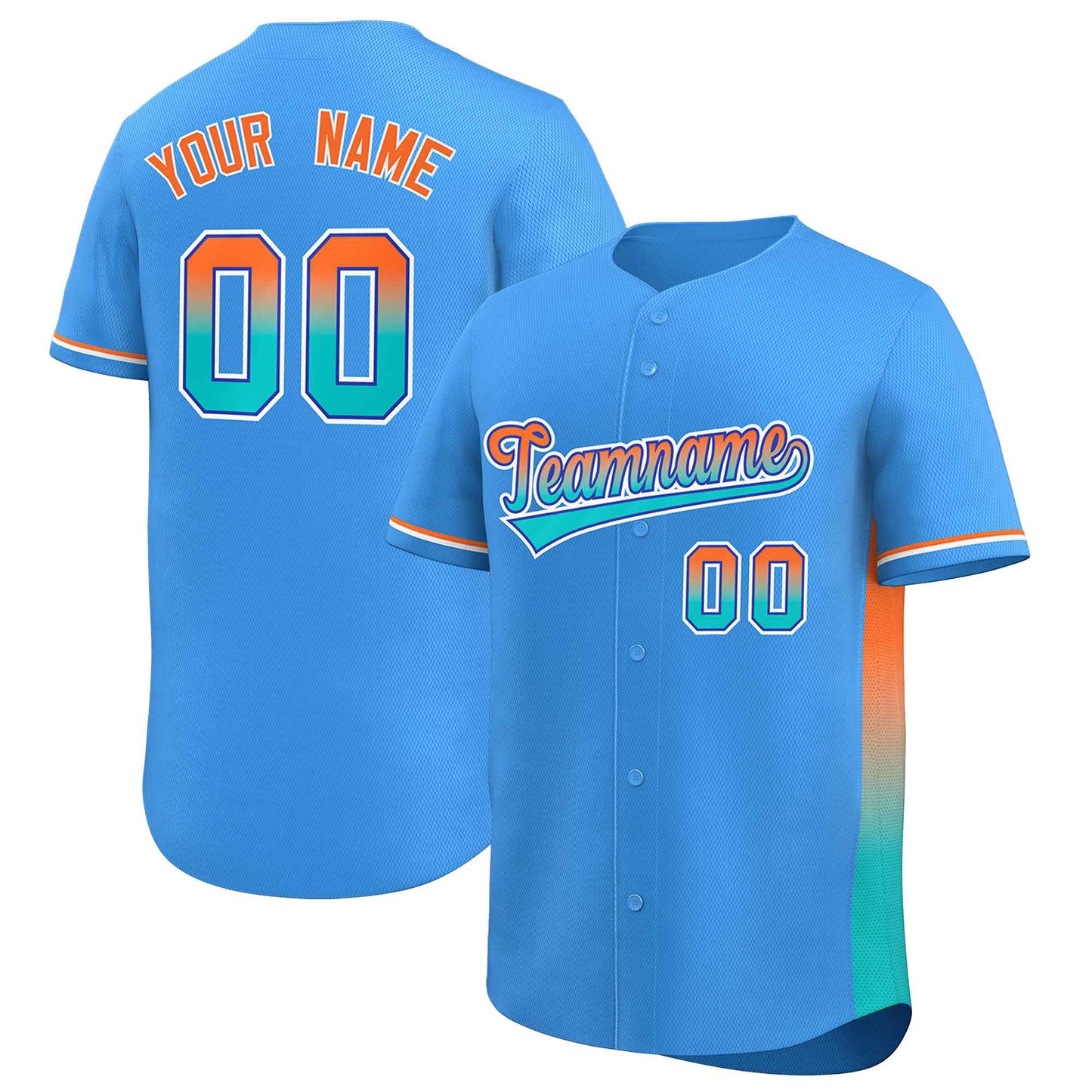 Custom Powder Blue Orange-Aqua Personalized Gradient Font And Side Design Authentic Baseball Jersey