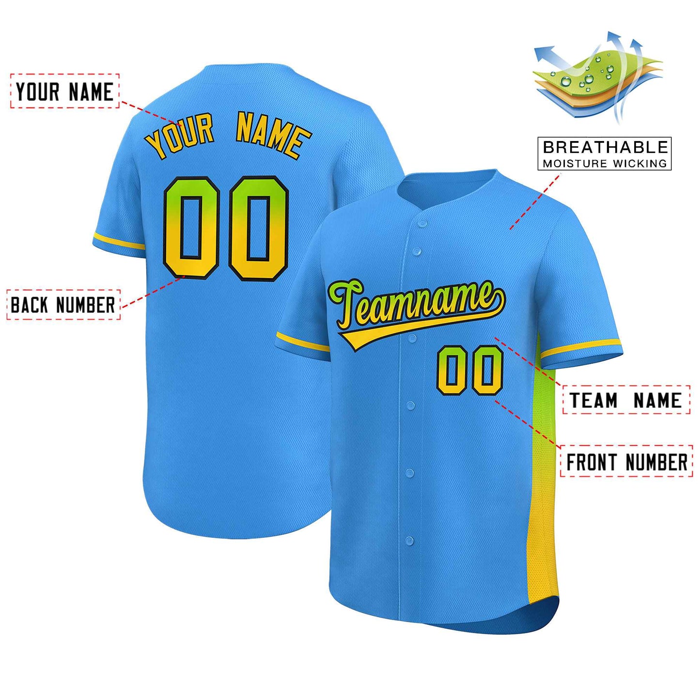 Custom Powder Blue Neon Green-Gold Personalized Gradient Font And Side Design Authentic Baseball Jersey