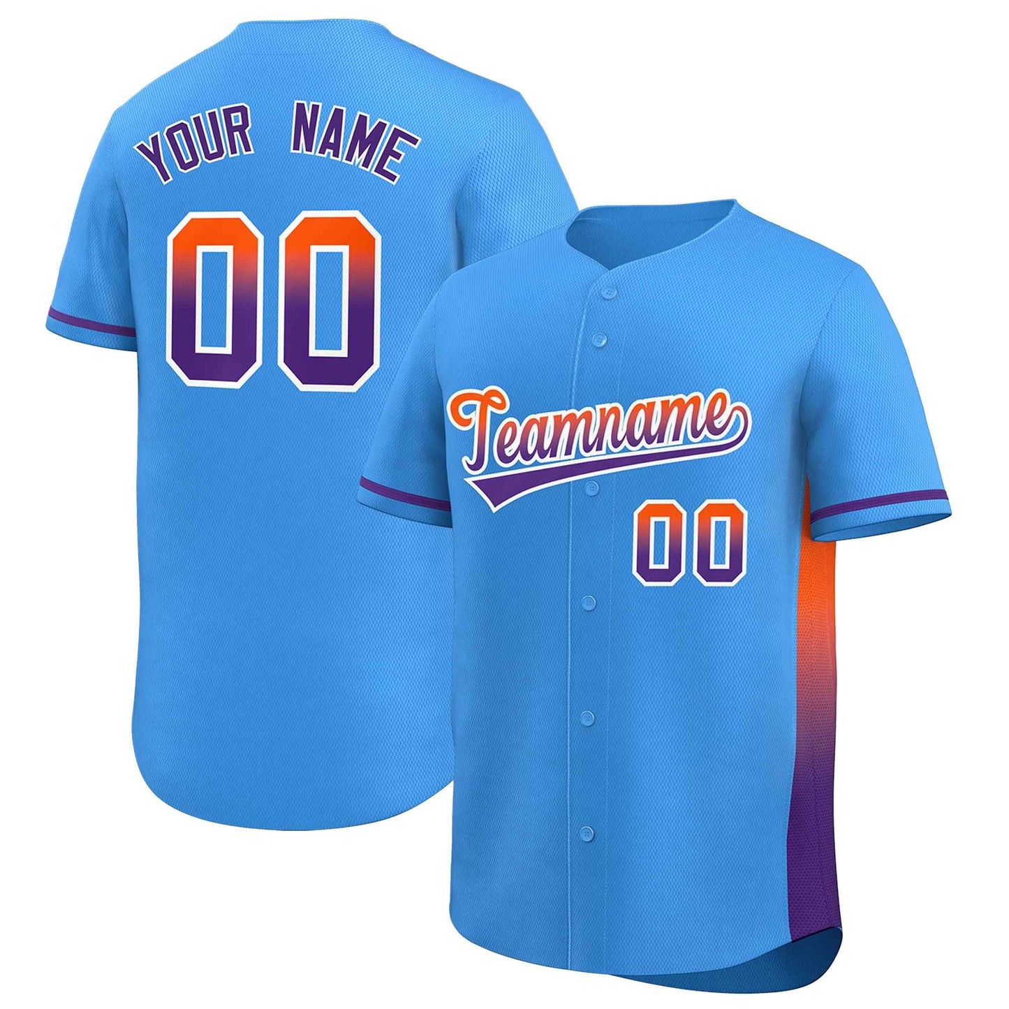 Custom Powder Blue Orange-Purple Personalized Gradient Font And Side Design Authentic Baseball Jersey