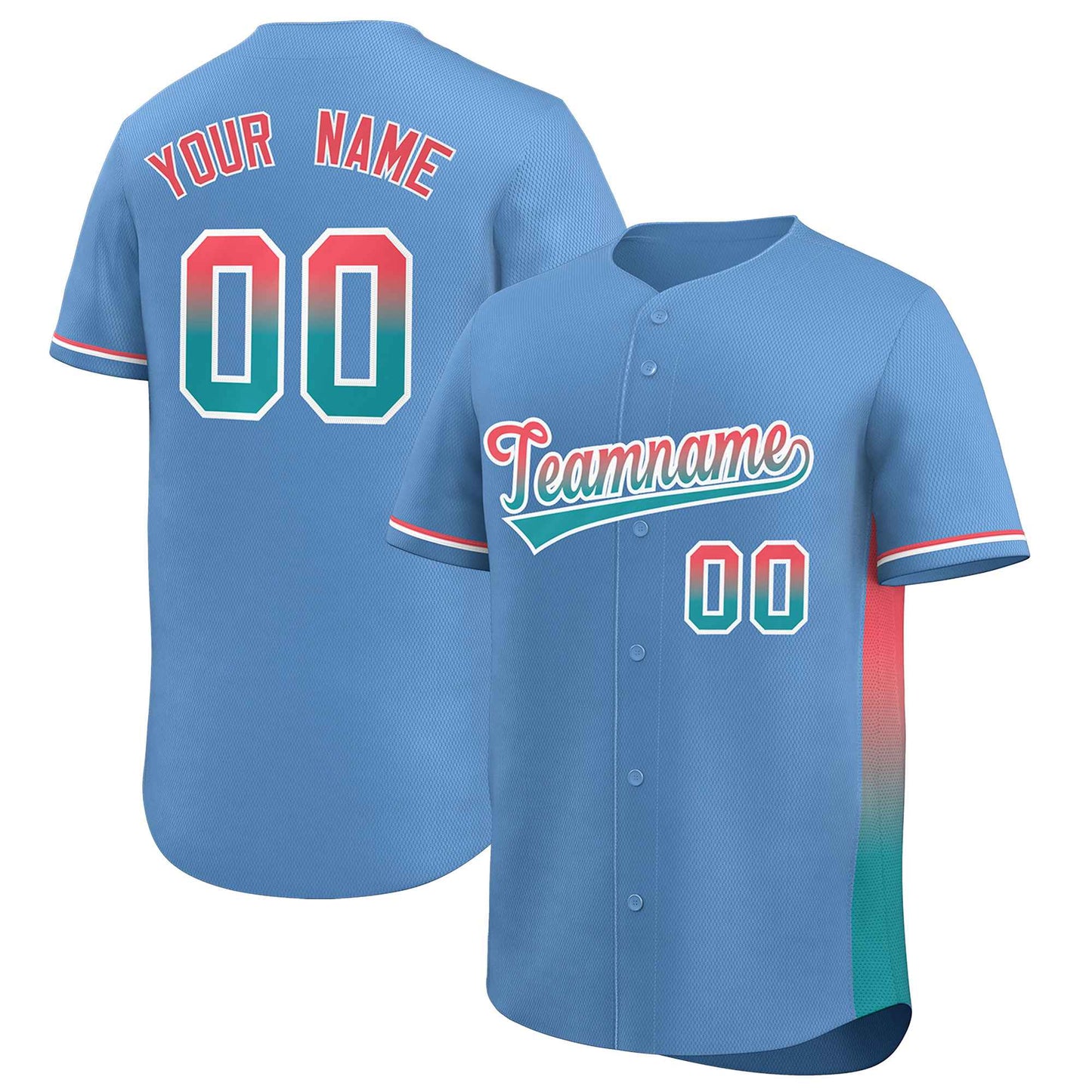 Custom Light Blue Light Red-Aqua Personalized Gradient Font And Side Design Authentic Baseball Jersey