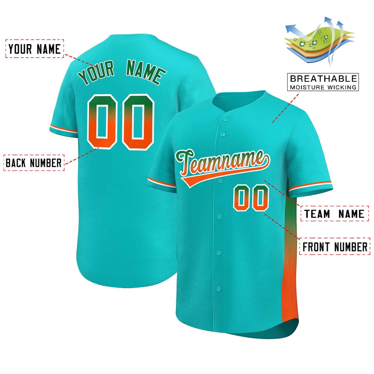 Custom Aqua Kelly Green-Orange Personalized Gradient Font And Side Design Authentic Baseball Jersey