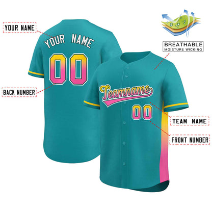 Custom Aqua Gold-Pink Personalized Gradient Font And Side Design Authentic Baseball Jersey