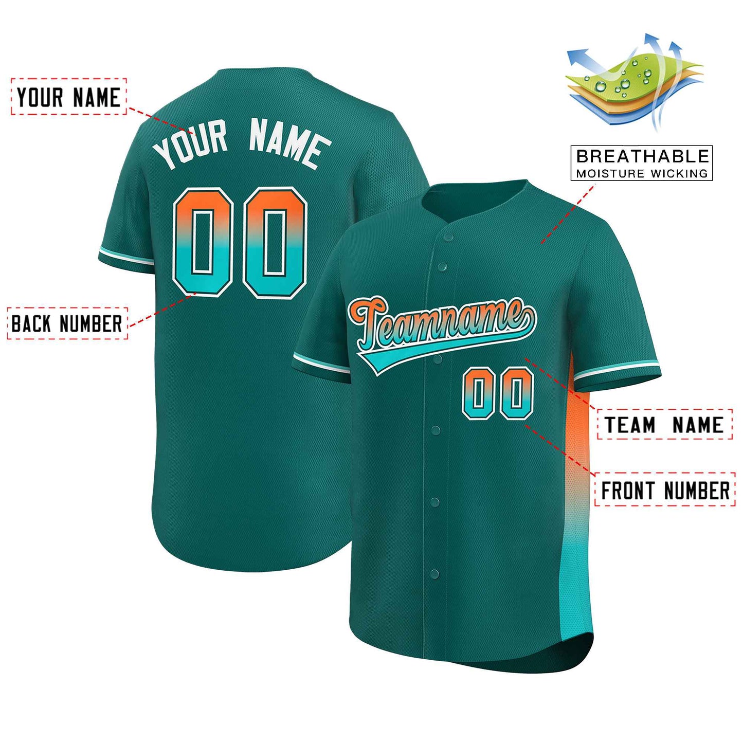 Custom Aqua Orange-Aqua Personalized Gradient Font And Side Design Authentic Baseball Jersey