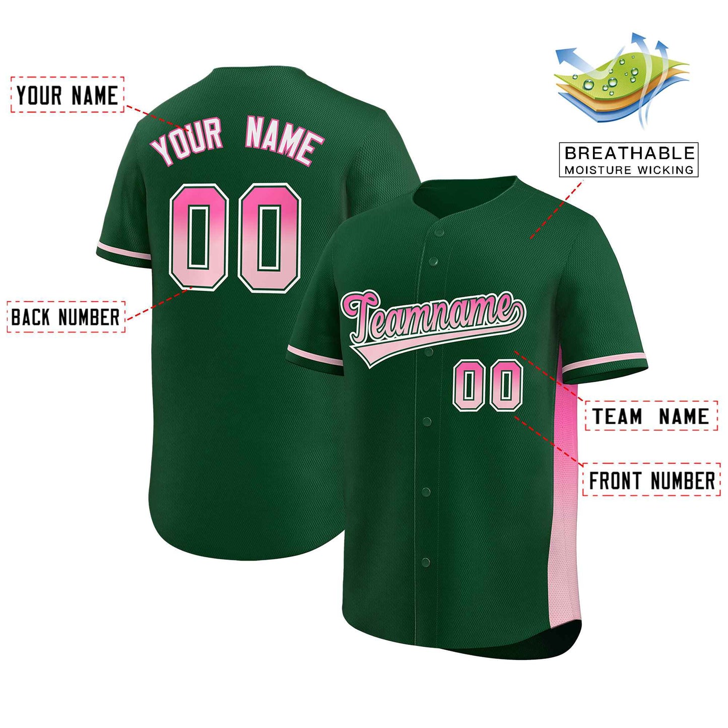 Custom Green Pink-Lt Pink Personalized Gradient Font And Side Design Authentic Baseball Jersey