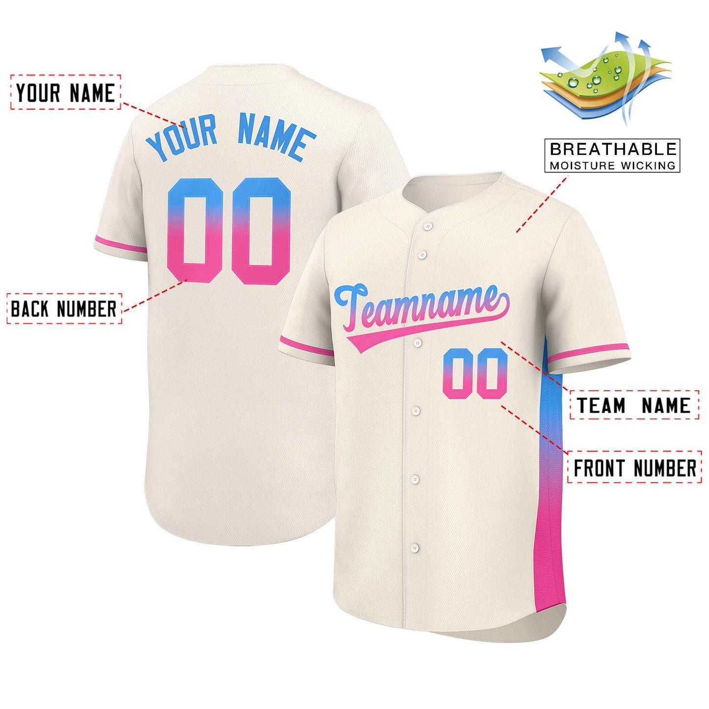 Custom Cream Powder Blue-Pink Personalized Gradient Font And Side Design Authentic Baseball Jersey