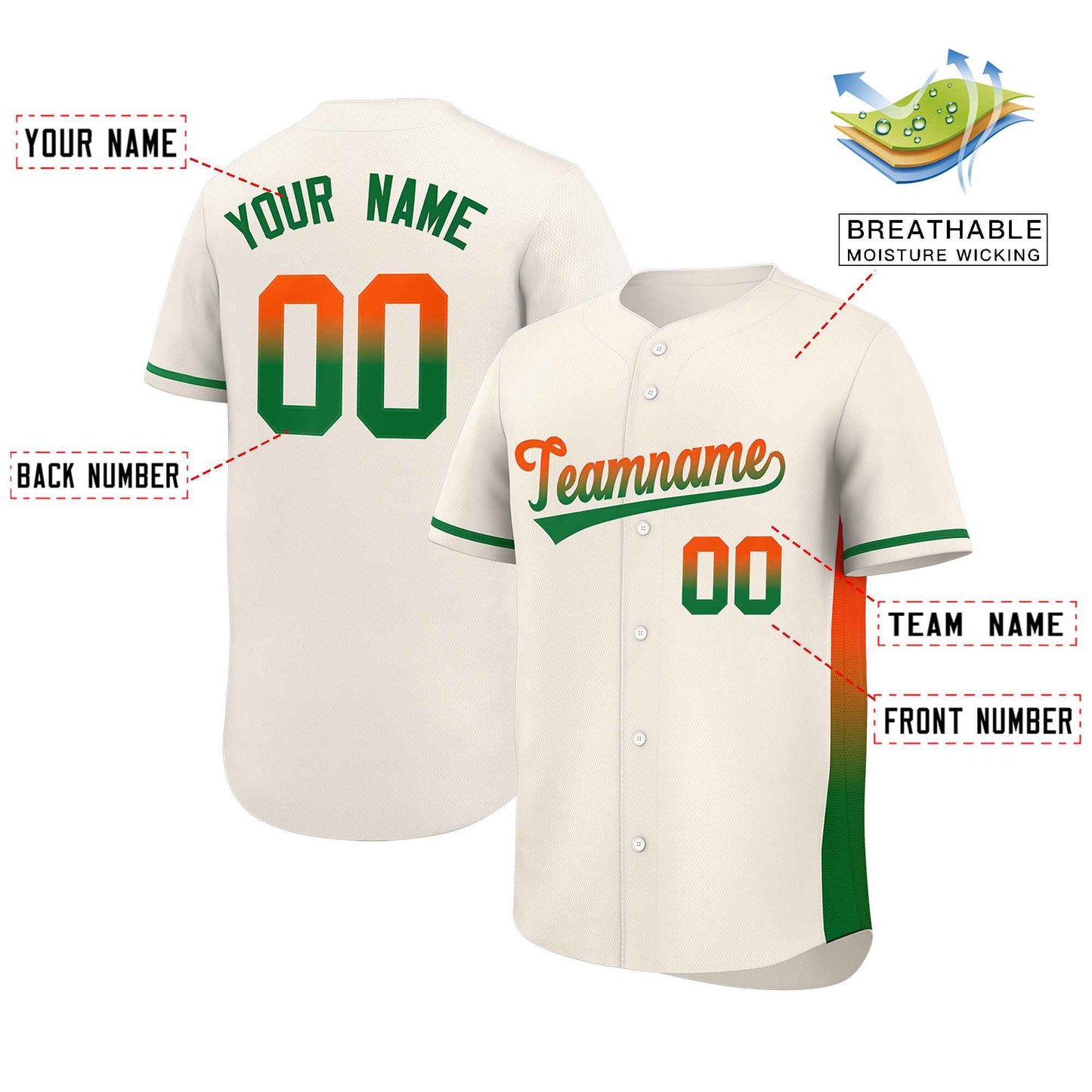 Custom Cream Orange-Kelly Green Personalized Gradient Font And Side Design Authentic Baseball Jersey